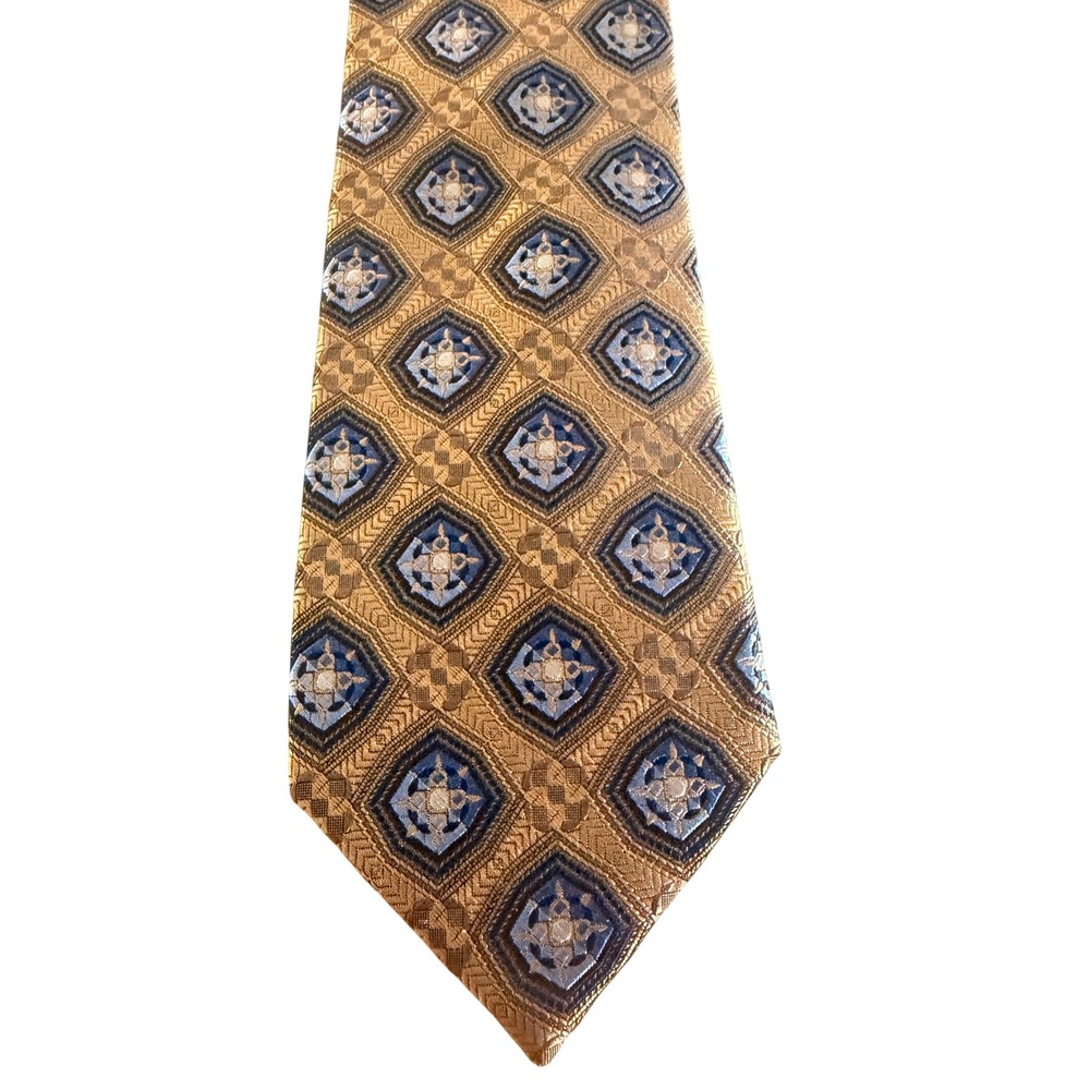 Jos A Bank Reserve Silk Tie Gold Blue Geometric Medallion Necktie Classical New